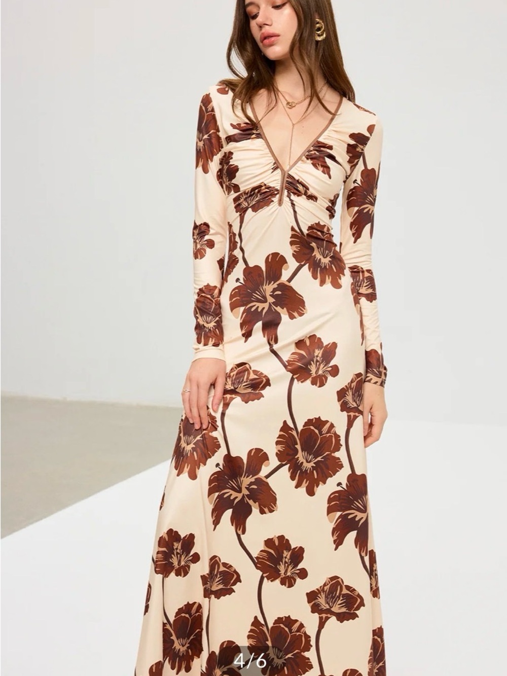 Commense Cream Brown Floral Long Sleeve Maxi Dress